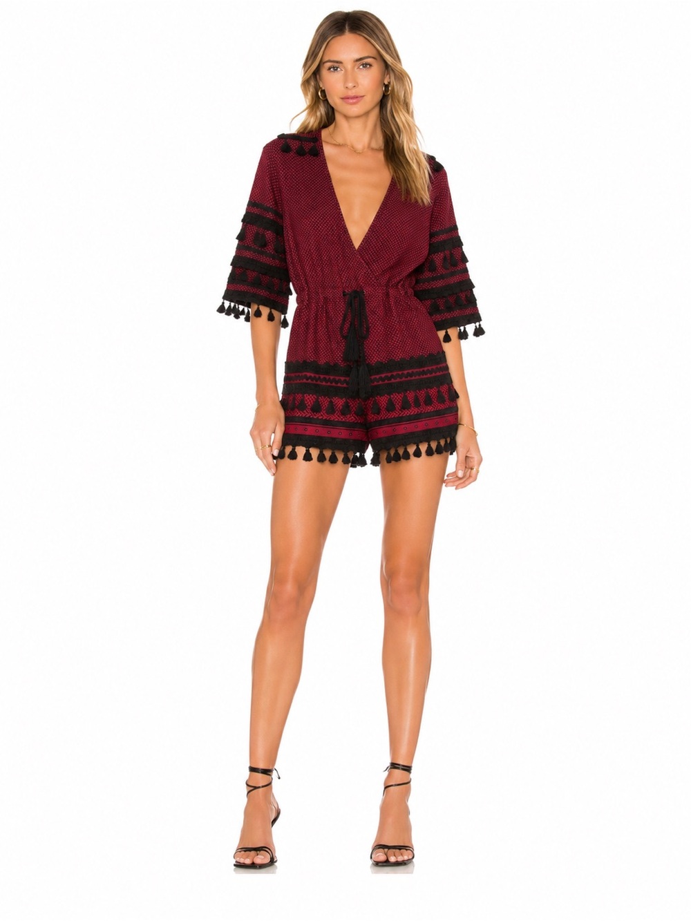 DODO BAR OR Jacquard Yefet Brocade Tassel Romper Damask Cotton Fringe Boho